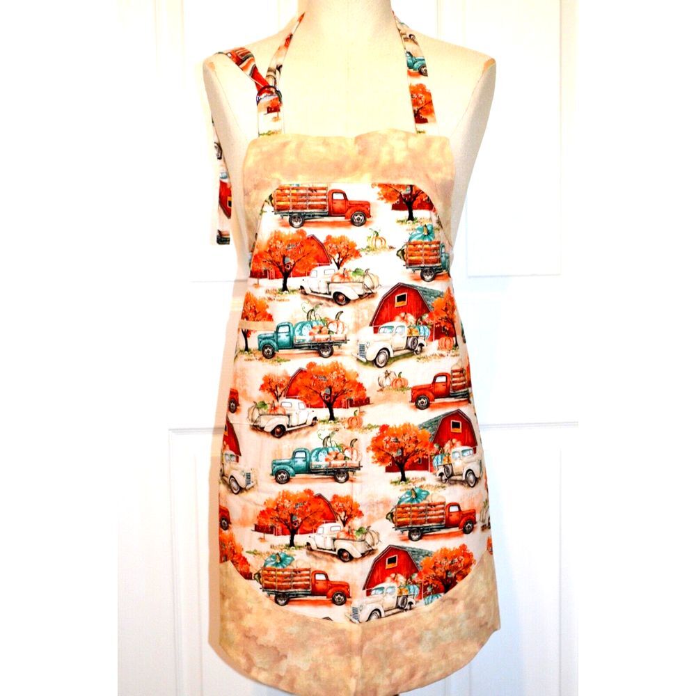Handmade Full Bib‎ Apron Pumpkin, Barn & Pickup Truck Print Fall Thanksgiving